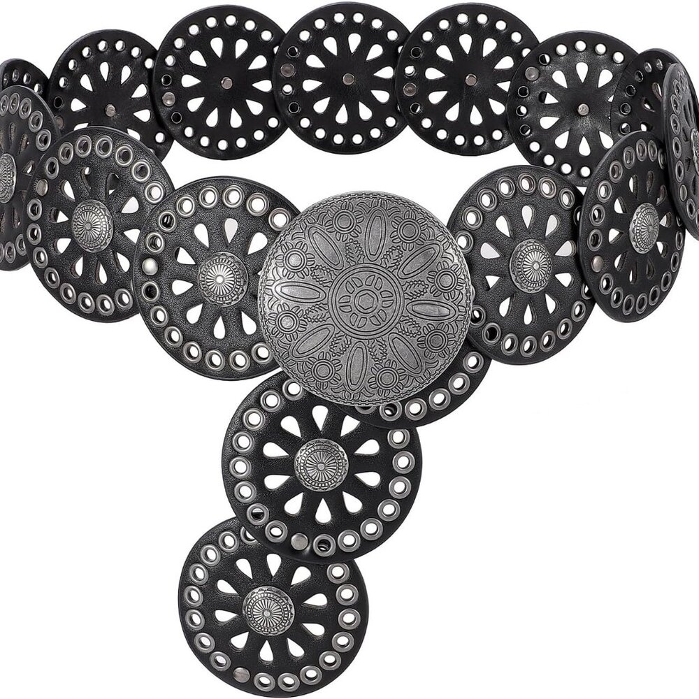 Women Wide Western Disc Belt Cowgirl Boho Leather Belt for Jeans Dress